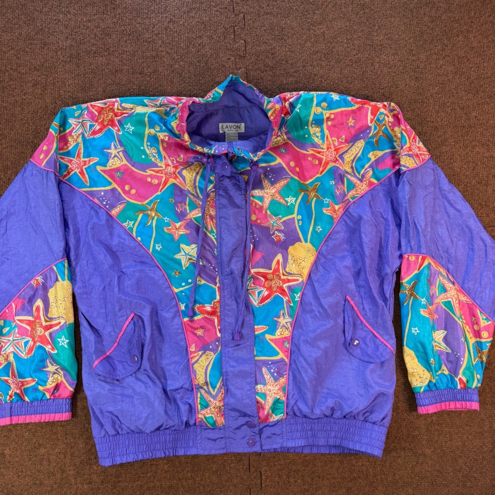 Vintage Lavon Starfish Print Windbreaker Jacket Purple Nautical Coastal Large